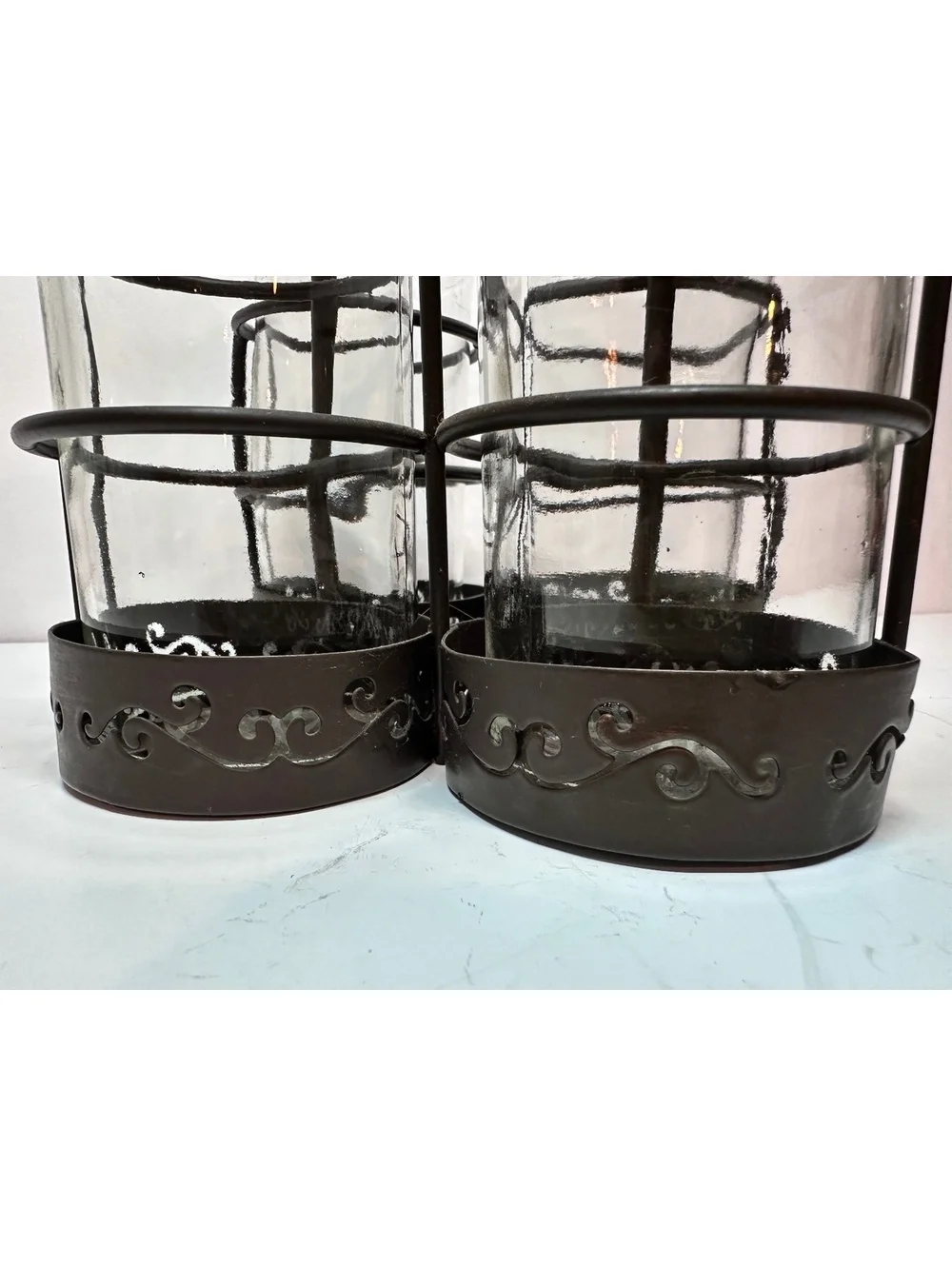 Vintage Rustic Centerpiece 4 Clear Glass Bottles Black Metal Candle Holder